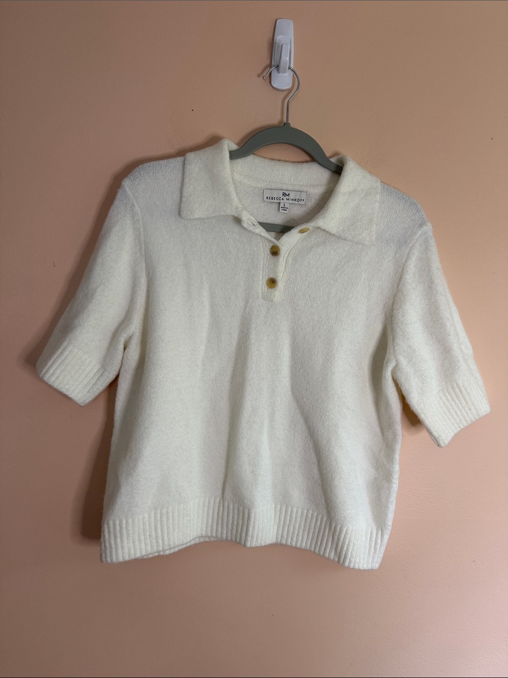 Rebecca Minkoff Cream V-Neck Short-Sleeve Polo Sweater
